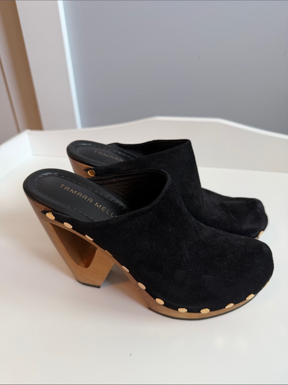 Tamara Mellon Black Suede Studded Wooden Clog Mules